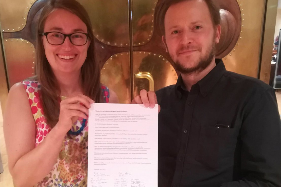 Valtuustokysymys Espoon hiilineutraaliustavoitteesta