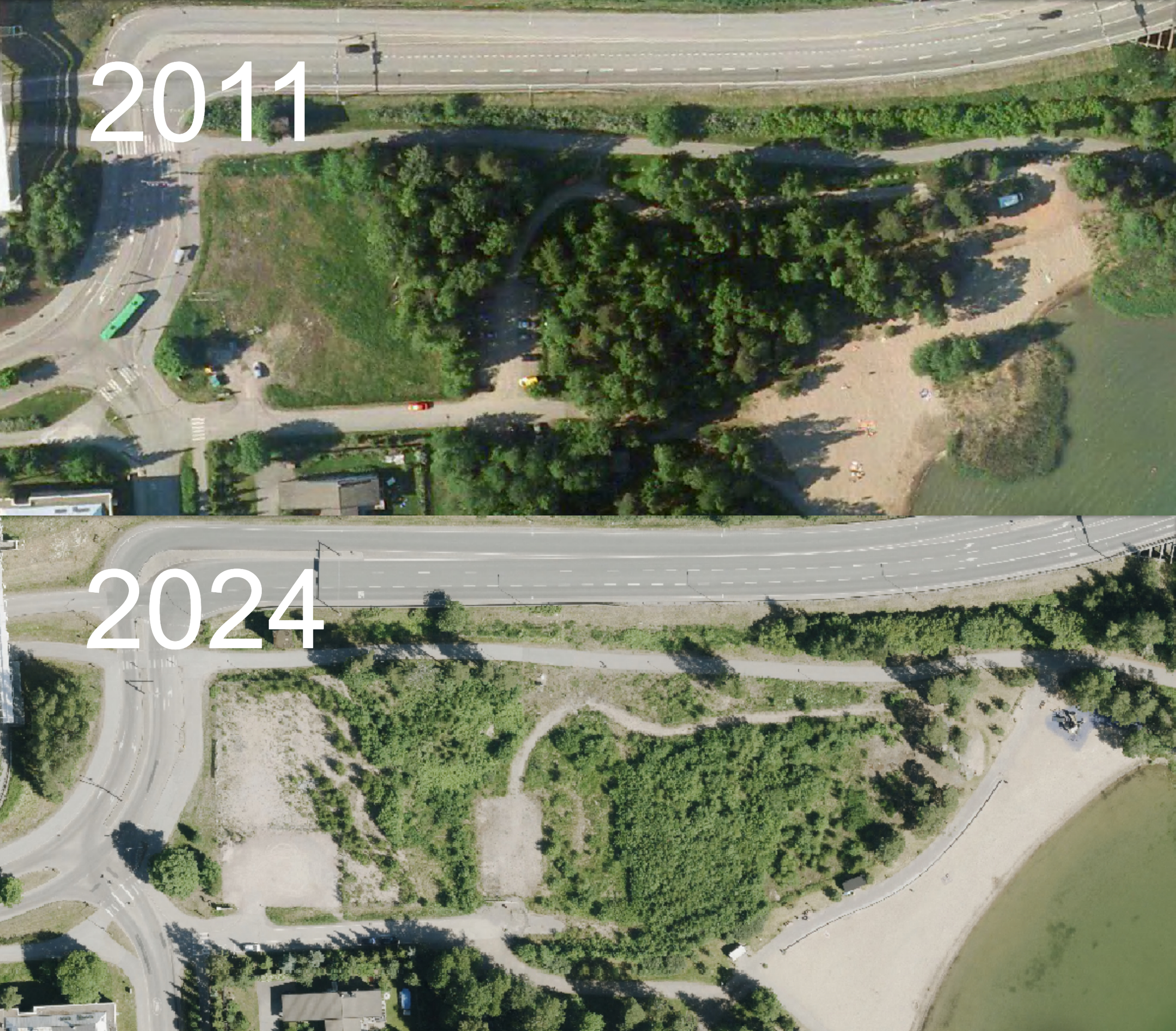 Westendinportti ennen metsikön hakkuuta ja yli 10 vuotta sen jälkeen.